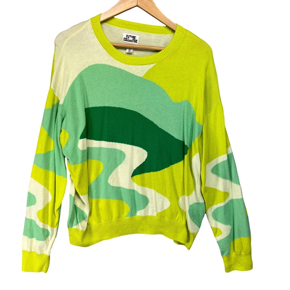 Future Collective Alani Noelle Green Abstract‎ Swirl Knit Sweater 1X